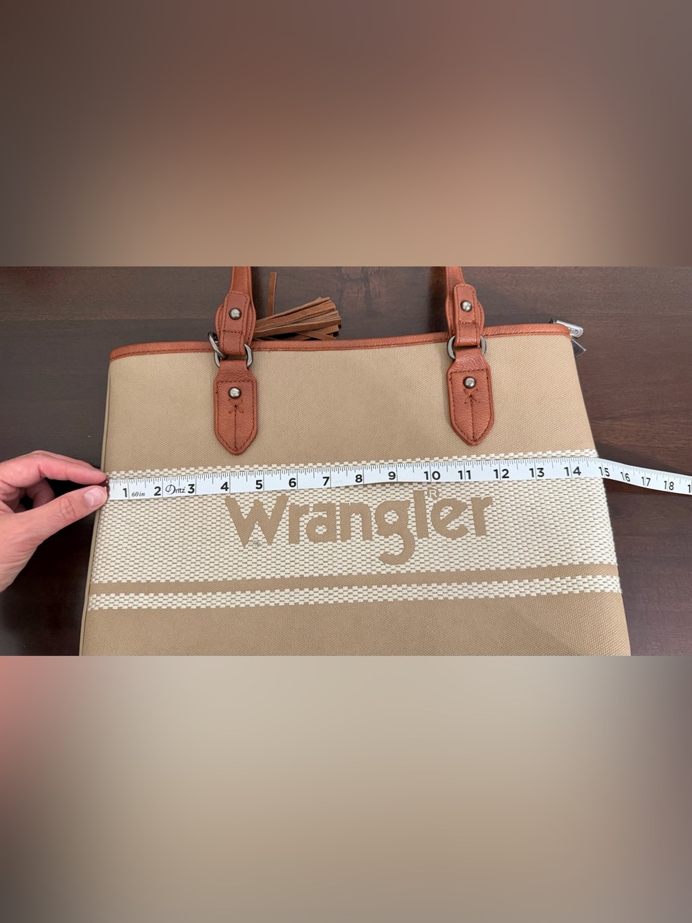 Wrangler Logo Waxed Canvas Tote Bag Khaki Brown Zip Top Shoulder Purse - Picture 3 of 5